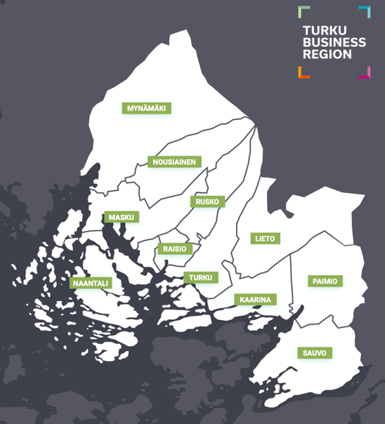 Turun seutukunnan kartta, jossa näkyvät Turun seudun 11 kuntaa.